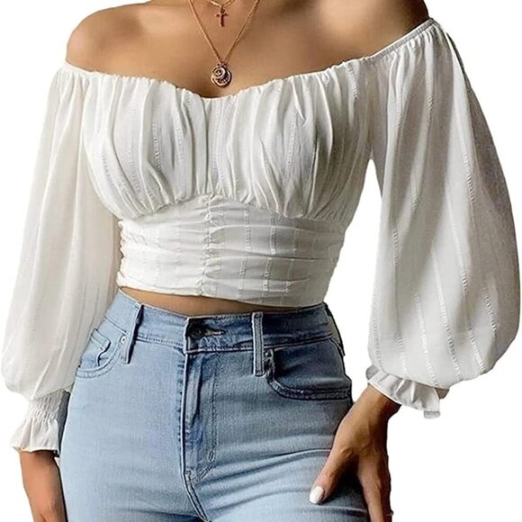 Womens Elegant Off The Shoulder Puff Sleeve Blouse Summer Chiffon Slim Fit Party - Picture 1 of 3